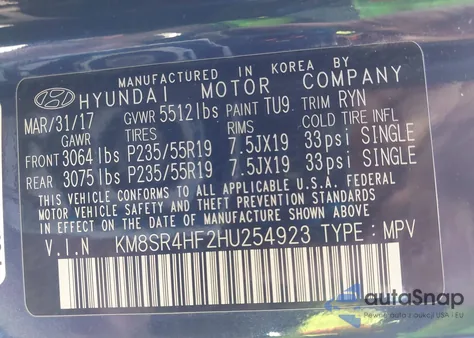 2017 Hyundai Santa Fe Limited Ultimate z USA, uszkodzony, nr VIN KM8SR4HF2HU254923